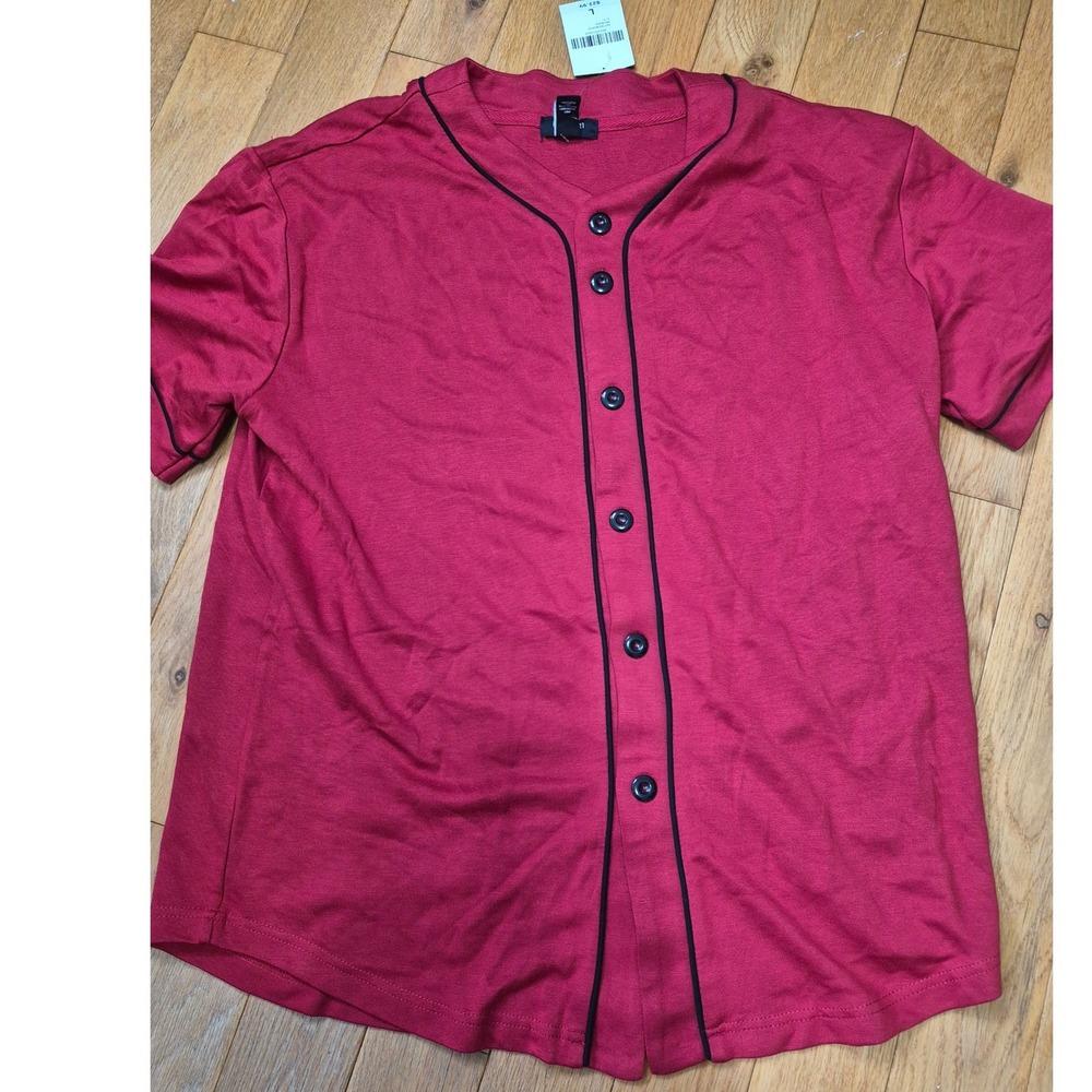 Forever 21 Men Red Knit Baseball Jersey Shirt Short Sleeve Black Piping Large